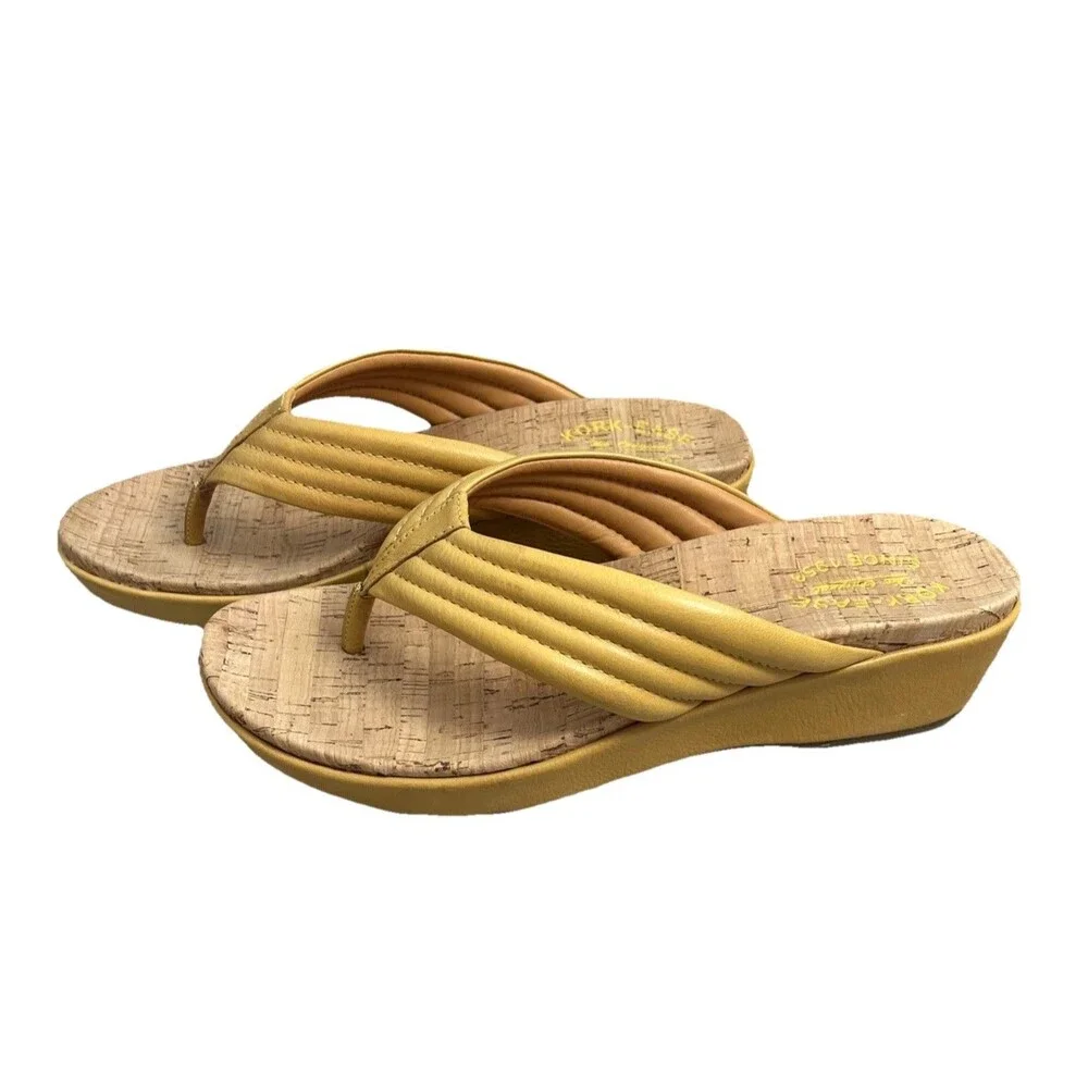 Kork Ease Madison Wedge Flip Flop Sandal Womens Size 10 Yellow Leather Beach